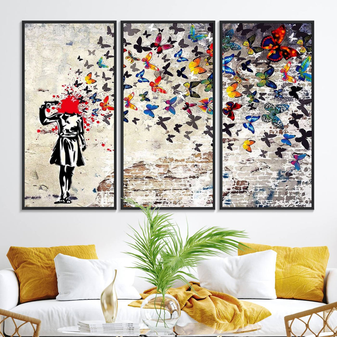 Banksy Art Butterfly Girl Explosion: Vibrant urban graffiti canvas for modern interiors, ready to hang.