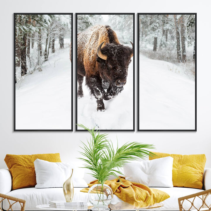 The dining area showcases the Bison Wall Art Canvas Print for Farmhouse.