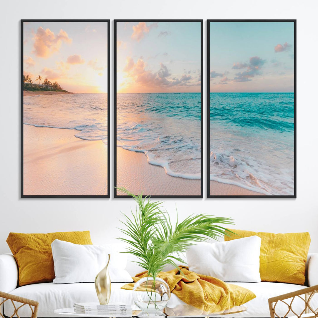 The kitchen features the Beach Sunrise Wall Art, Coastal Sunset Beach Scene.