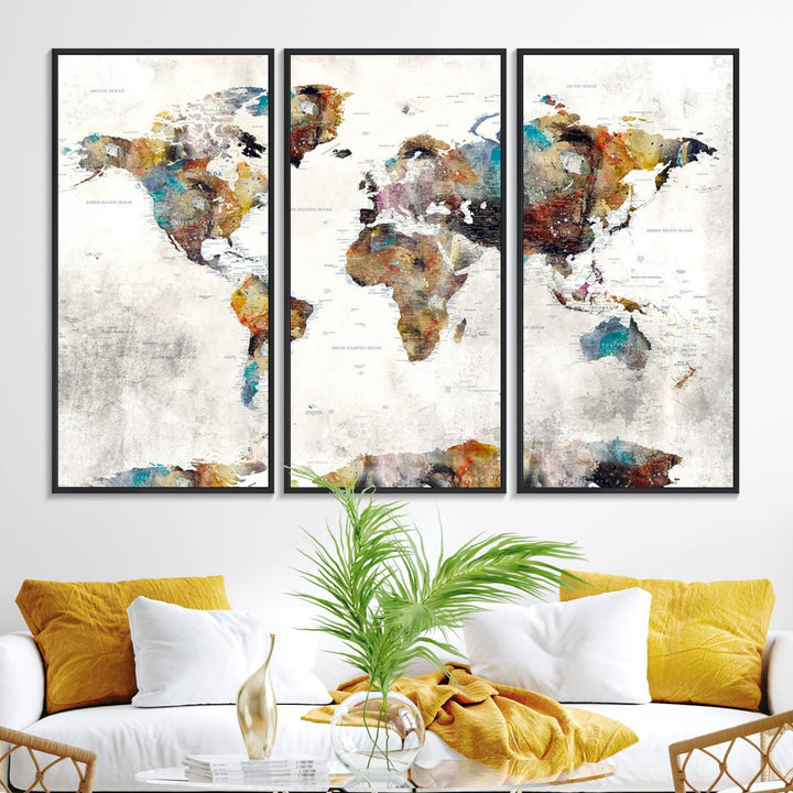 The Colorful World Map Wall Art Canvas Print adds vibrance to the space, ideal for geography lovers.