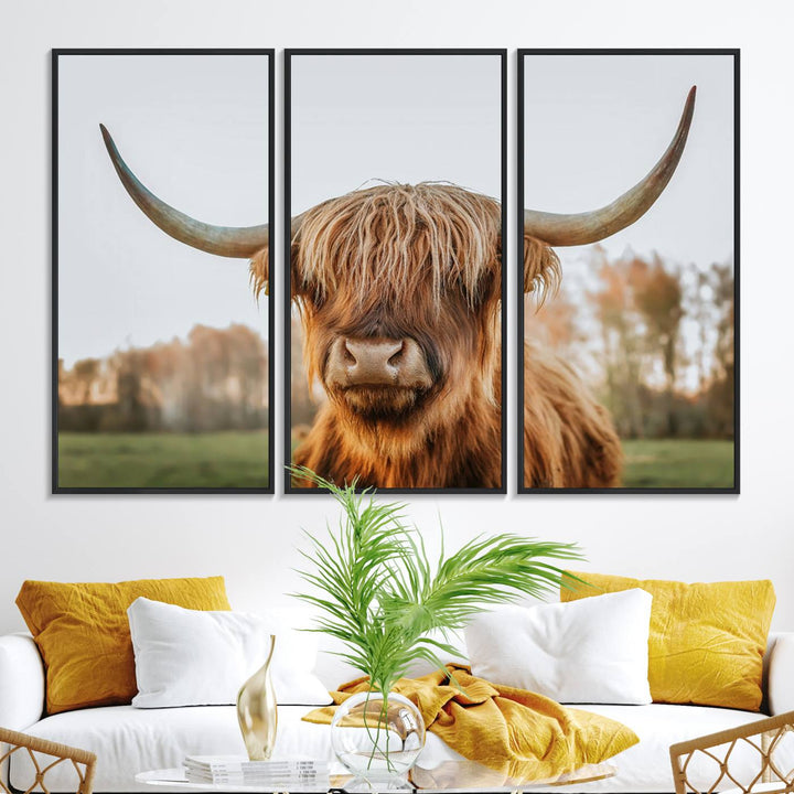 A dining room featuring a Highland Cow Animal Scottish Cattle canvas.