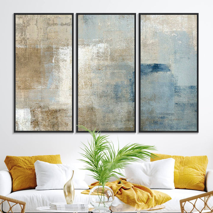 Abstract Blue and Beige Wall Art canvas print set with a modern minimalist aesthetic.