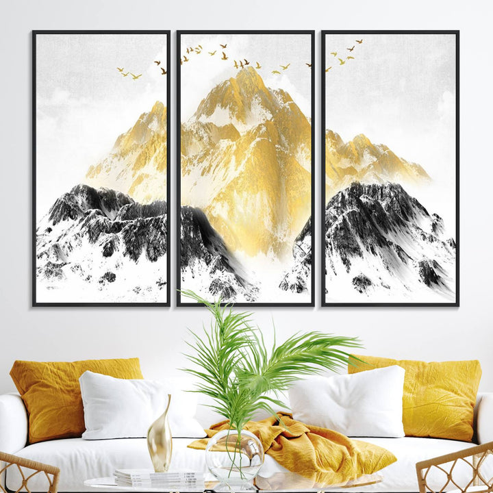 Golden Mountain Triptych Wall Art features gold-tinted mountains and birds.