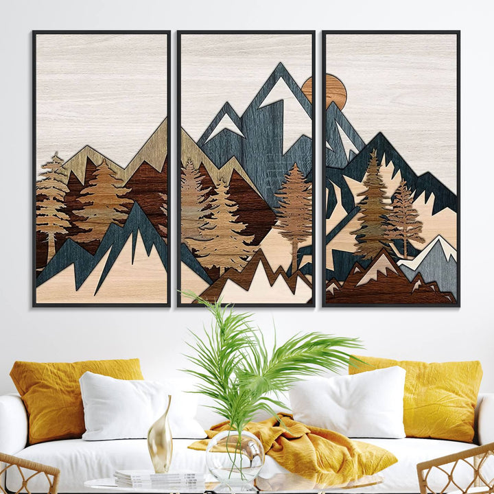 A Woodland Mountain Landscape Triptych serves as the centerpiece of the rustic decor.