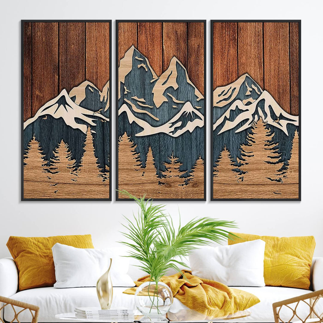 Rustic Wood Style Mountain Wall Art hangs on the wall.