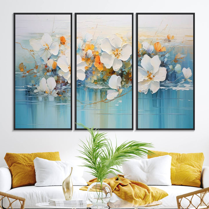 An Abstract Flower Wall Art Canvas Print in blue and orange hues.