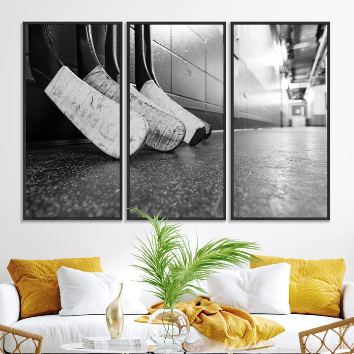 Ice Hockey Wall Art Canvas Print features a UV-protected black and white photo of hockey sticks.