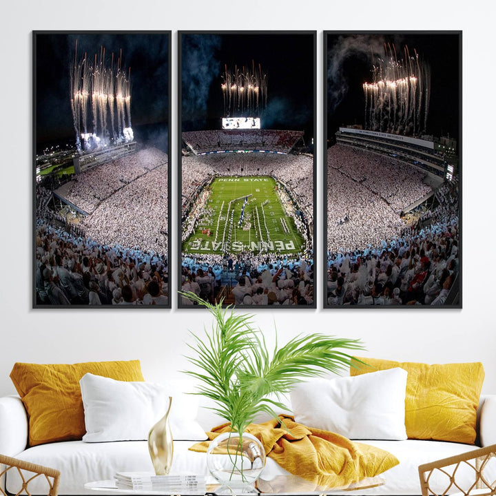 The perfect Penn State Football canvas wall art features a depiction of Beaver Stadium filled with fans in white, with fireworks exploding above.