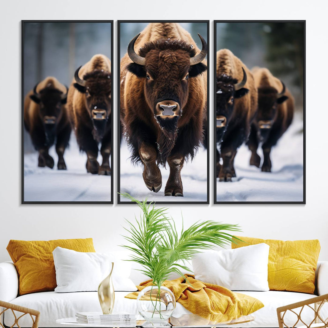 The dining room features an American Bison Herd Canvas Print against the snow.