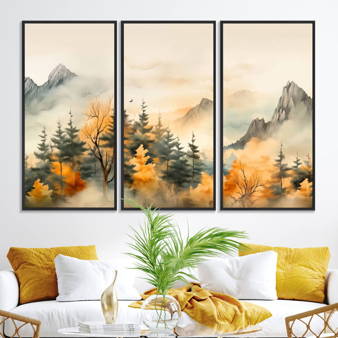 A wall art of Abstract Watercolor Mountains and Trees Autumn on museum-quality canvas.