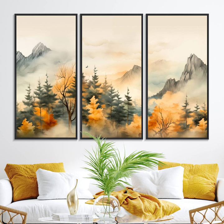 A wall art of Abstract Watercolor Mountains and Trees Autumn on museum-quality canvas.