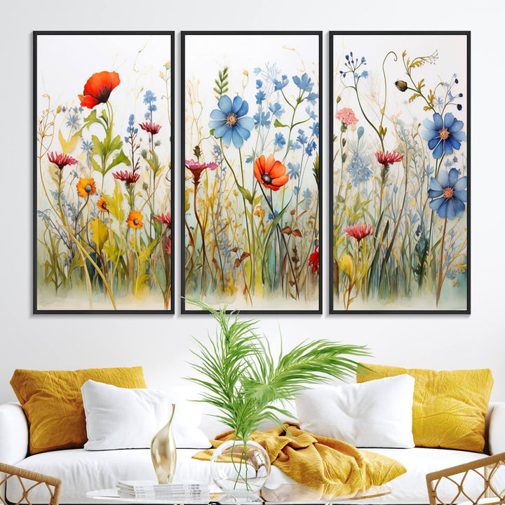 The vibrant Colorful Wildflower Canvas Wall Art adorns the wall.