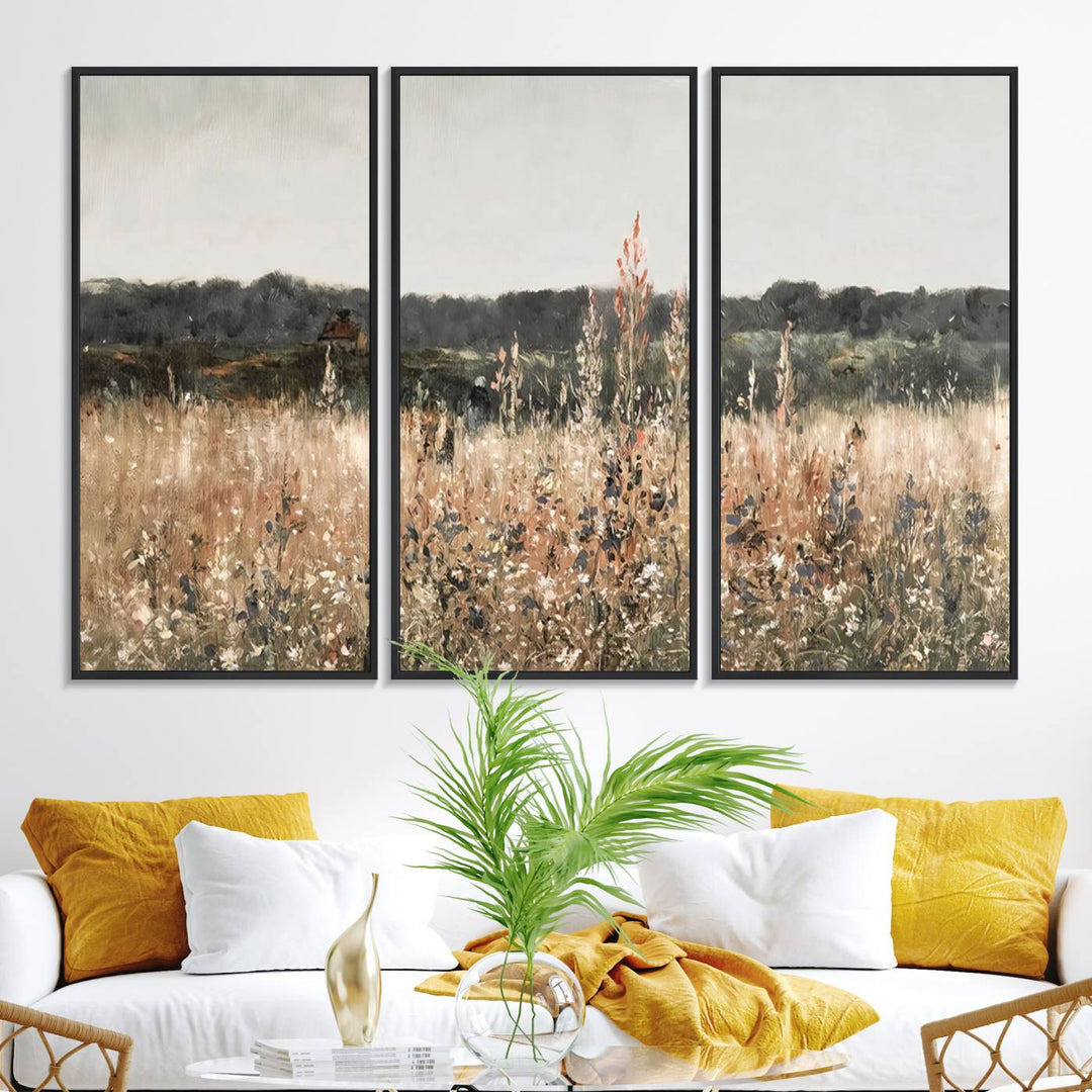 A dining room featuring the Abstract Wildflower Art Field Landscape Oil Painting Print.