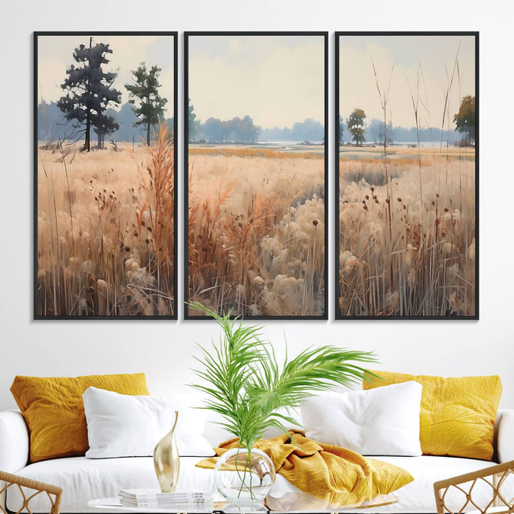 The Golden Fields Canvas Art Print, depicting a serene landscape, adds tranquility with its presence.