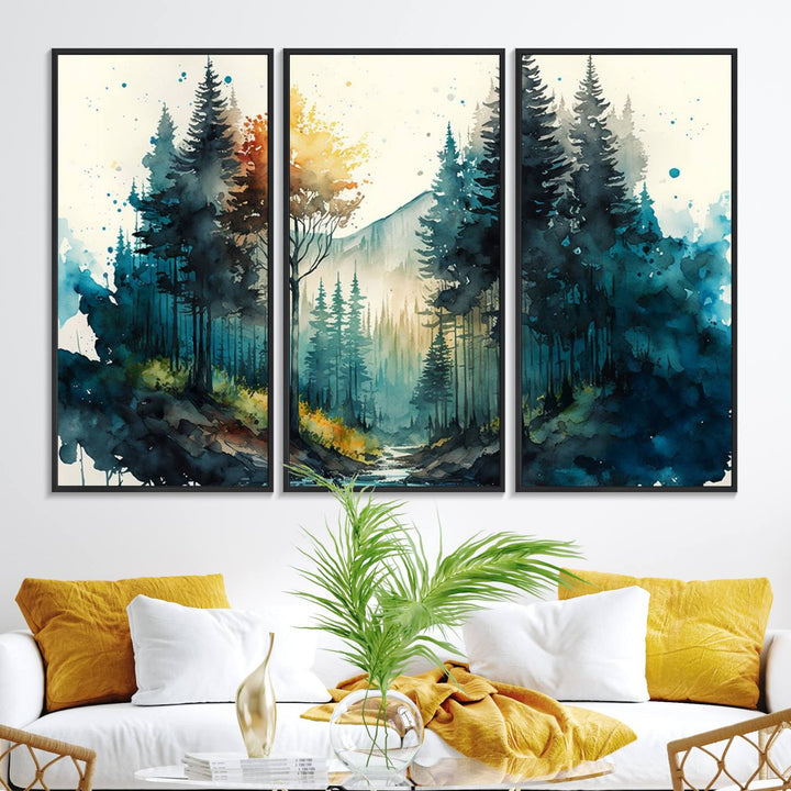 The Watercolor Trees Forest Abstract canvas print is displayed prominently.