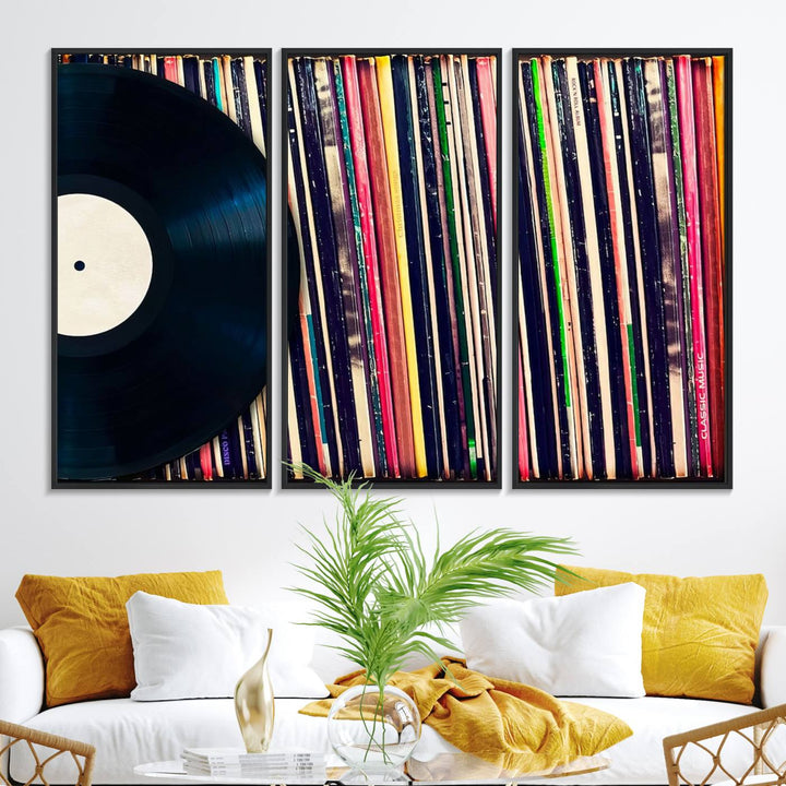 The Vinyl Record and Album Collection Canvas above the dining table enhances the modern kitchen, creating a perfect aesthetic for vintage vinyl lovers.