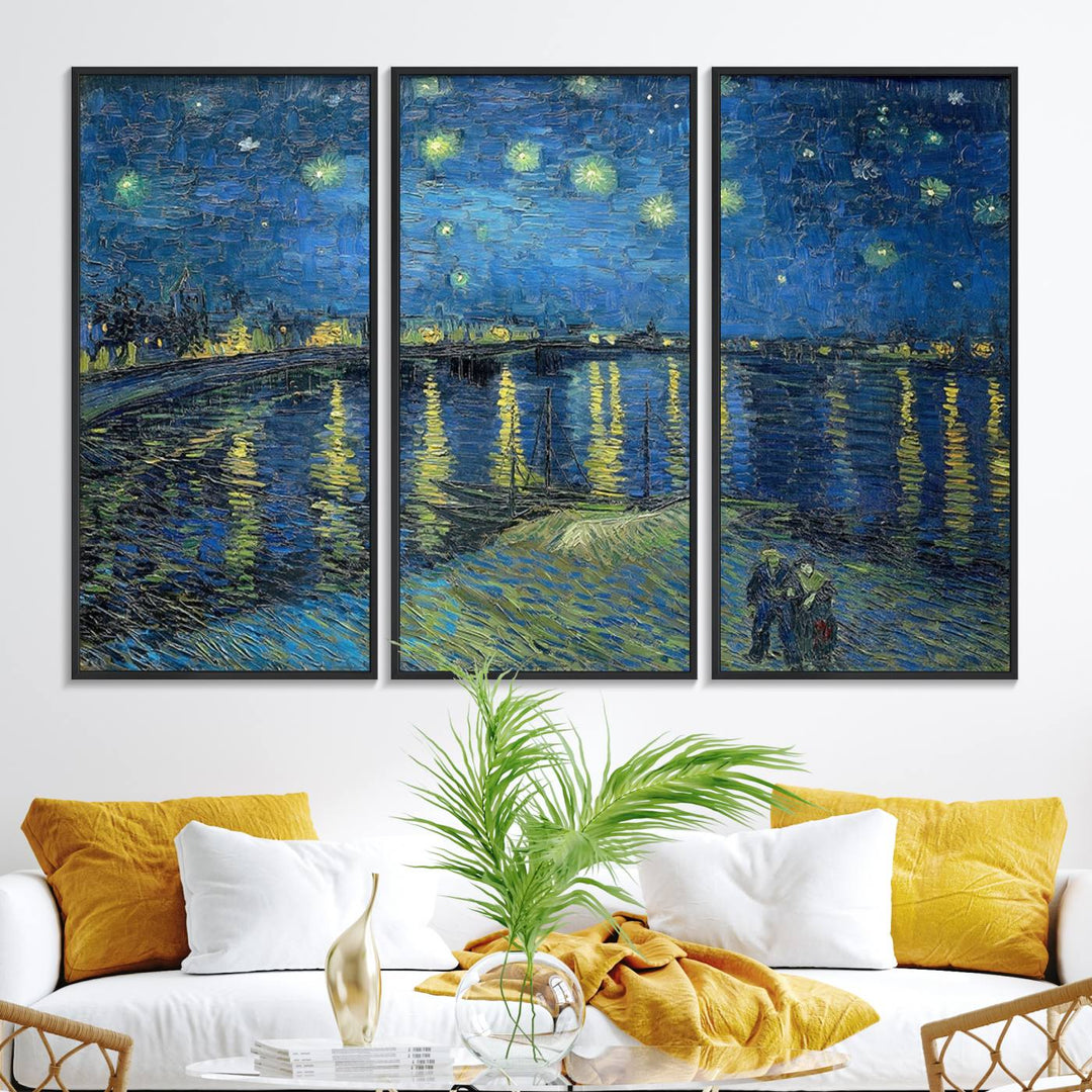 A Vincent van Gogh Starry Night over the Rhone canvas print is displayed on a porch.