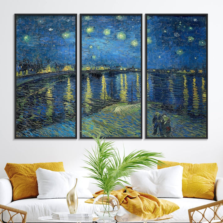 A Vincent van Gogh Starry Night over the Rhone canvas print is displayed on a porch.