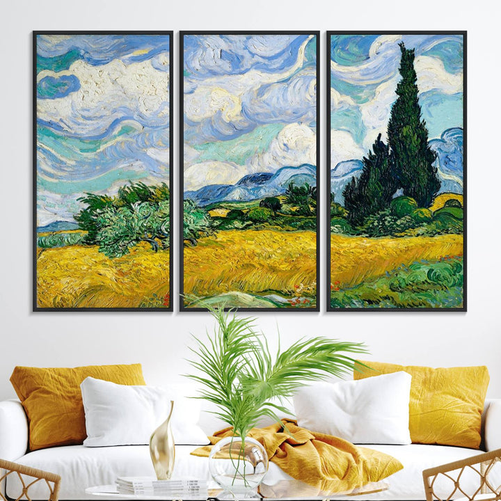 A kitchen featuring Wheatfield With Cypresses Van Gogh canvas wall art.