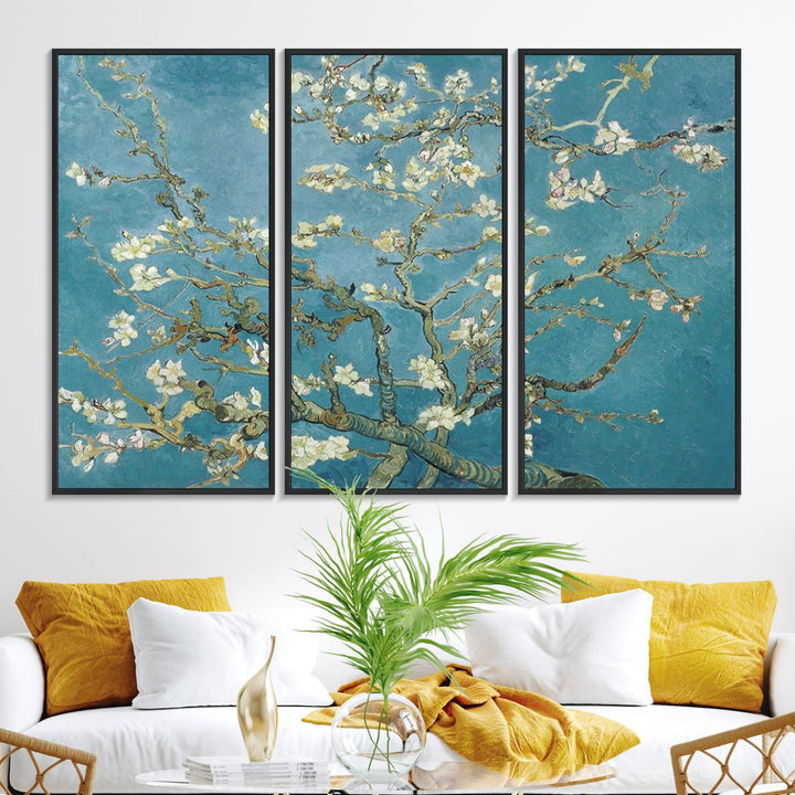 The wall art, Vincent Van Goghs Almond Blossom, stands out with its vibrant depiction against a serene blue background.