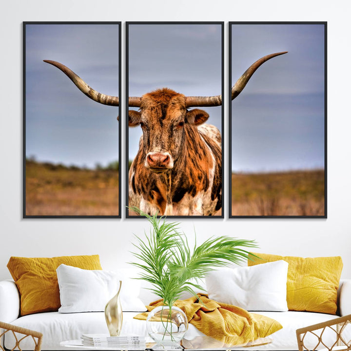 The Texas Longhorn Wall Art Print is displayed in a stylish living room.