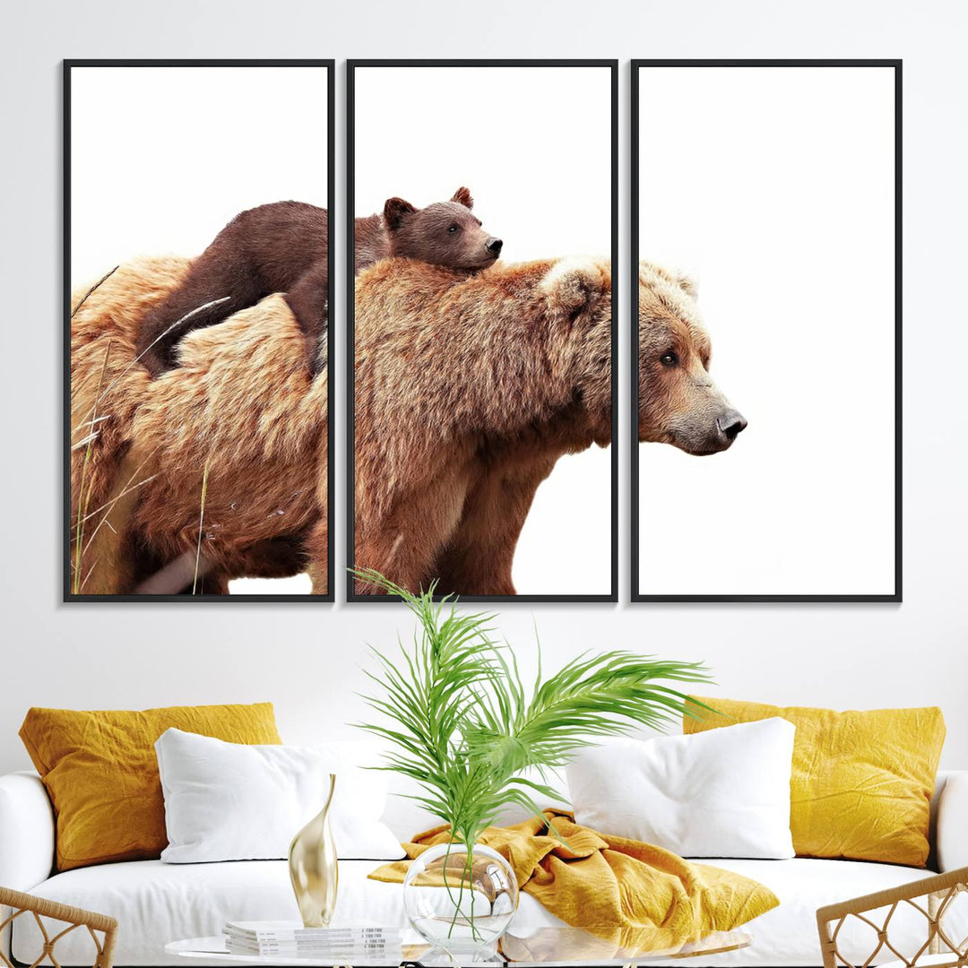 Mother and Baby Bear canvas: an adorable wildlife print displayed on a dark green wall.