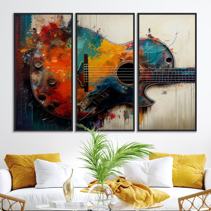 A vibrant guitar wall art canvas is mounted on the wall.