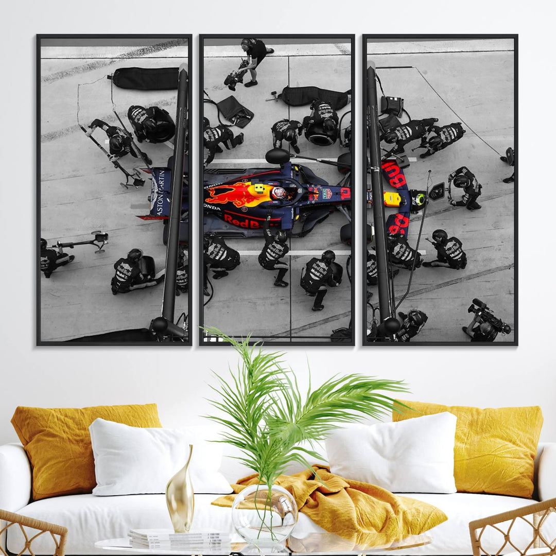 Red Bull Formula 1 Canvas Wall Art Print: An aerial view of a Formula 1 pit stop featuring a Red Bull car on premium canvas.