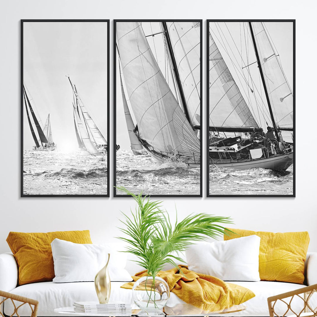 Yacht Sailboat Regatta canvas print on a textured wooden wall.