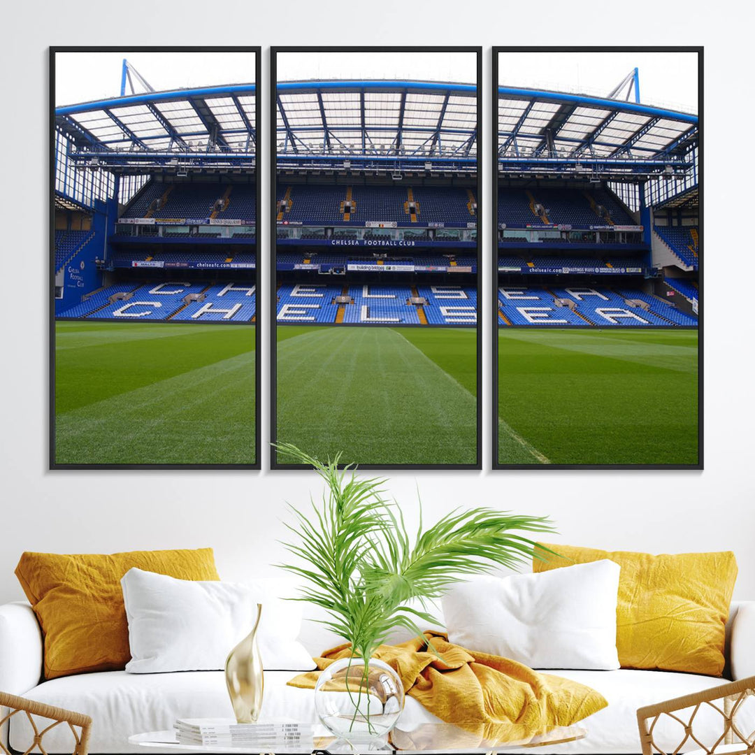 The wall art features a Chelsea FC Stamford Bridge Stadium canvas print.