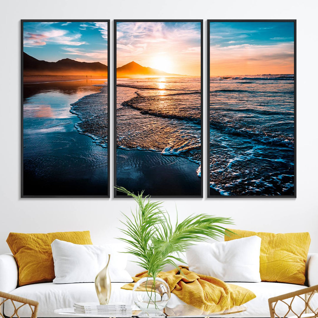 The Sunset Beach Ocean Canvas Wall Art – Tranquil Reflections at Dusk enhances the ambiance with its captivating depiction of serene ocean views at dusk.