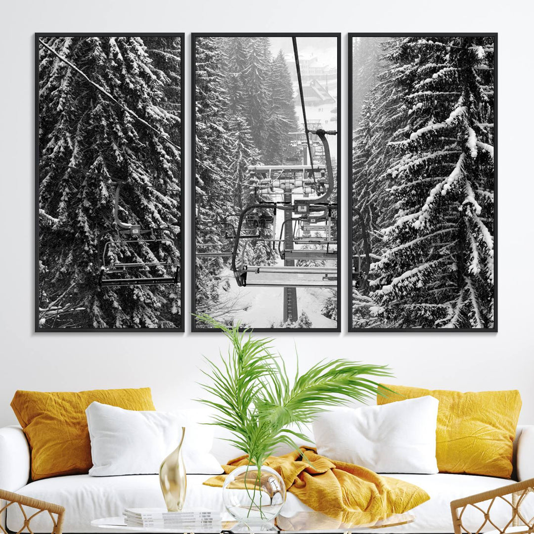 The Winter Ski Lift Canvas in minimalist style adds a unique touch to the dining room.