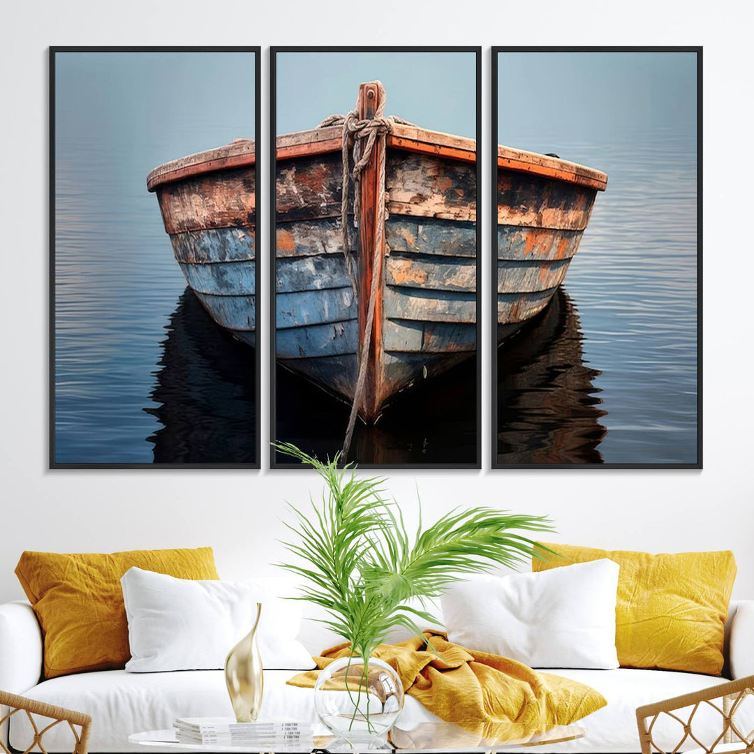 Stunning vintage boat canvas print featuring a calm water scene.