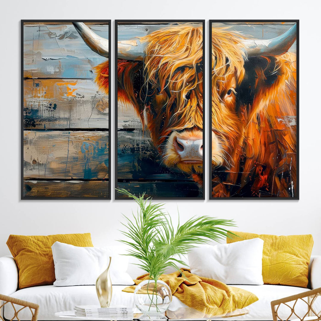 The dining room features Highland Cow Abstract Canvas Wall Art in a farmhouse rustic decor style.