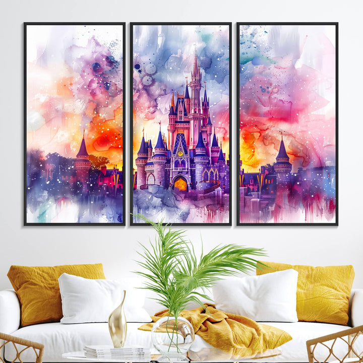 The watercolor Disney Wall Art showcases Cinderellas Castle in pink, purple, and orange hues.