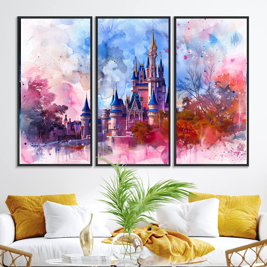 A Disney Wall Art: Dreamy Watercolor Cinderella Castle Canvas Print hangs prominently.