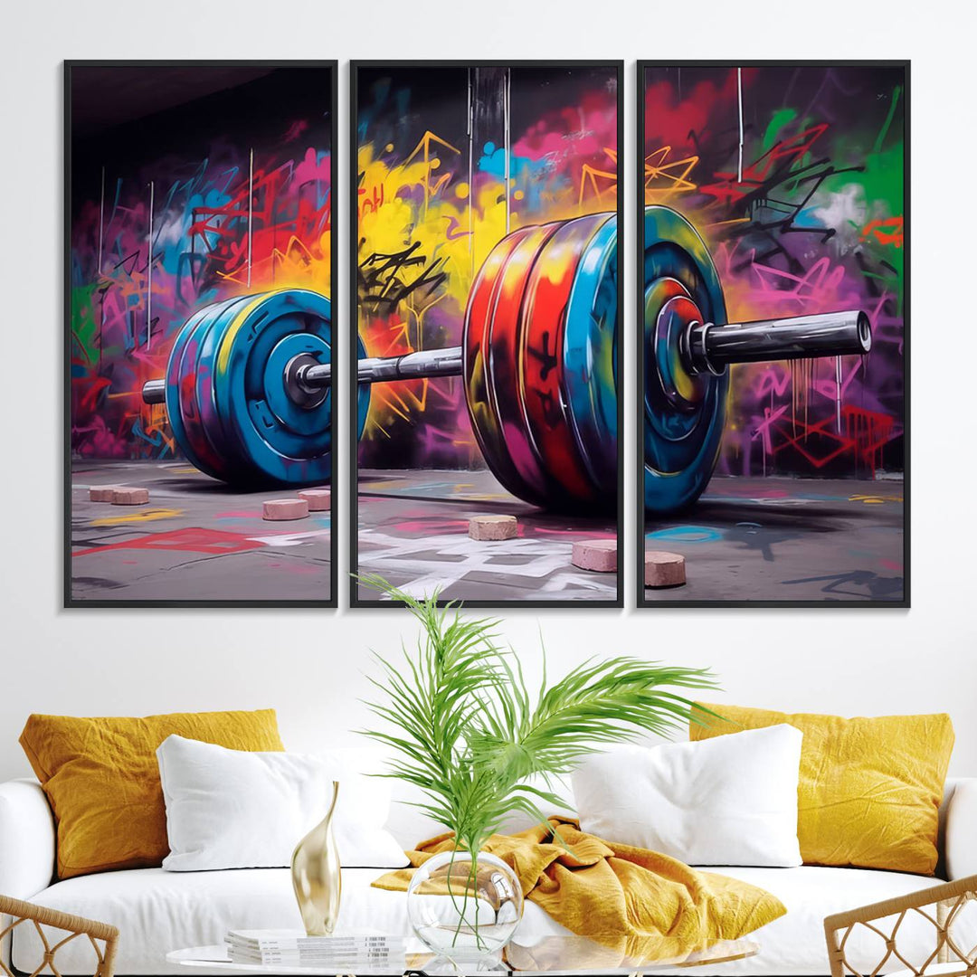 The Abstract Graffiti Barbell Canvas Wall Art is displayed on a porch.