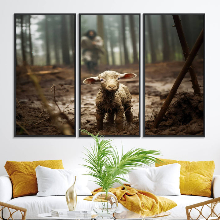 The Jesus Lost Lamb Canvas Wall Art features a heartwarming woodland scene, beautifully capturing the essence of serenity and grace.