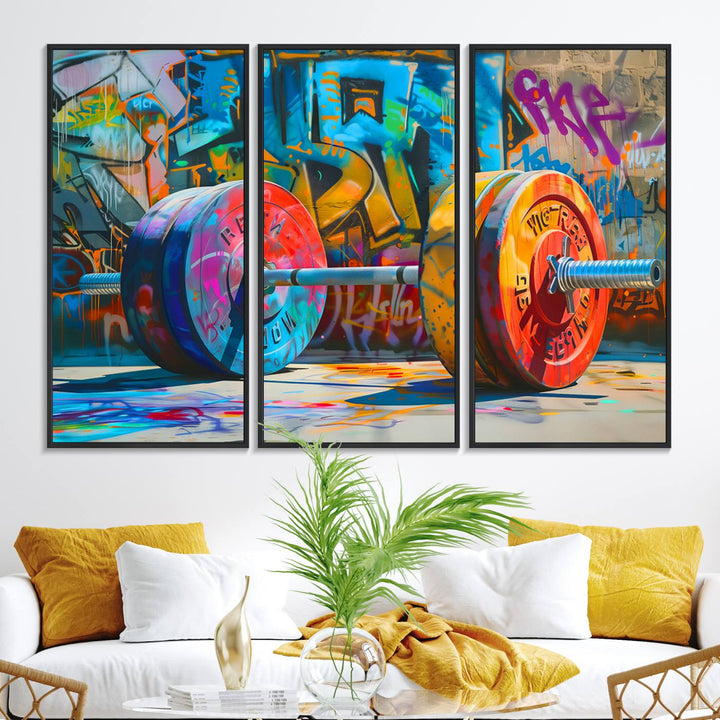 A Fitness Gym Barbell Graffiti Wall Art Canvas Print is displayed.