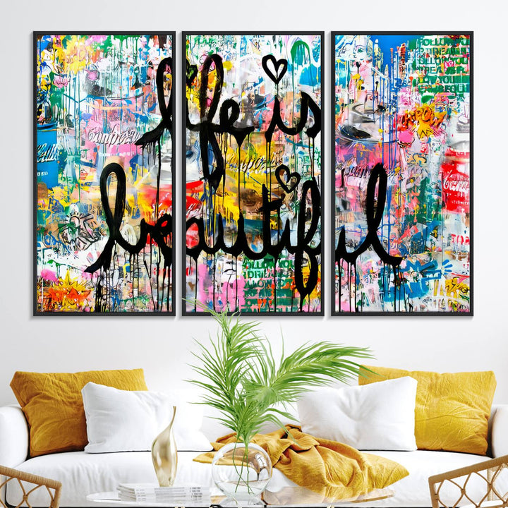 The Life Beautiful graffiti style canvas print is showcased in black script.