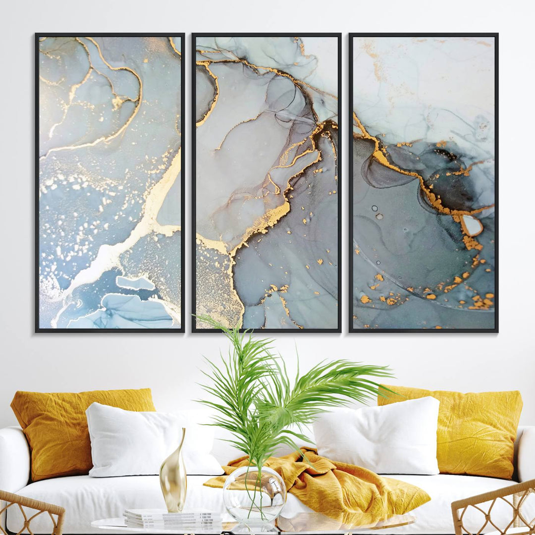 A blue and gold marbled Large Abstract Marble Wall Art Canvas Print hangs overhead.