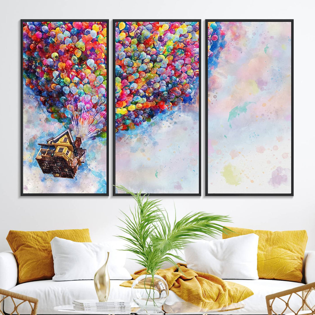 The Dont Look Up canvas wall art, featuring a house and balloons, brightens the kitchen wall.