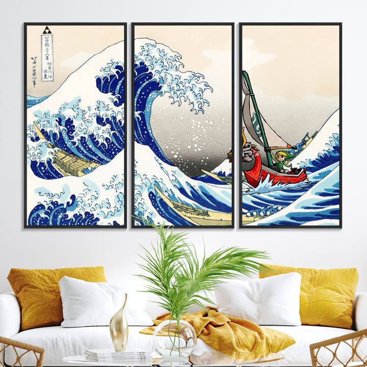 The Katsushika Hokusai Kanagawa Giant Wave Canvas print captures a vibrant sailing scene.