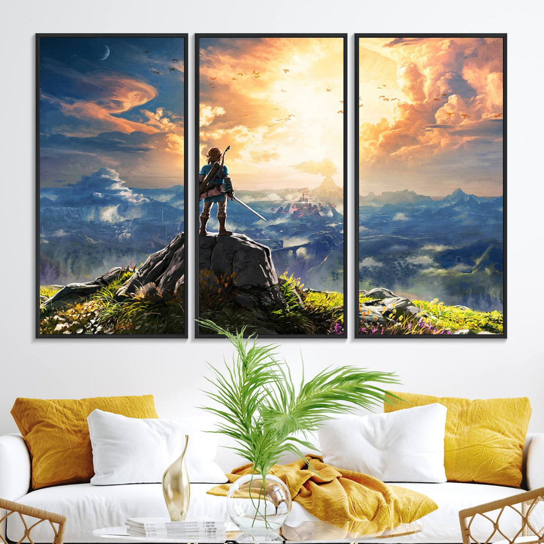 A vibrant Legend of Zelda Breath of the Wild canvas print depicts a figure standing on a rock with mountains and sky in the background.