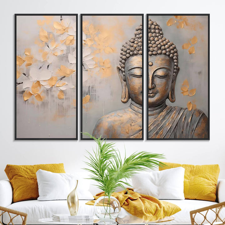 The serene dining room features Abstract Buddha Statue Wall Art.