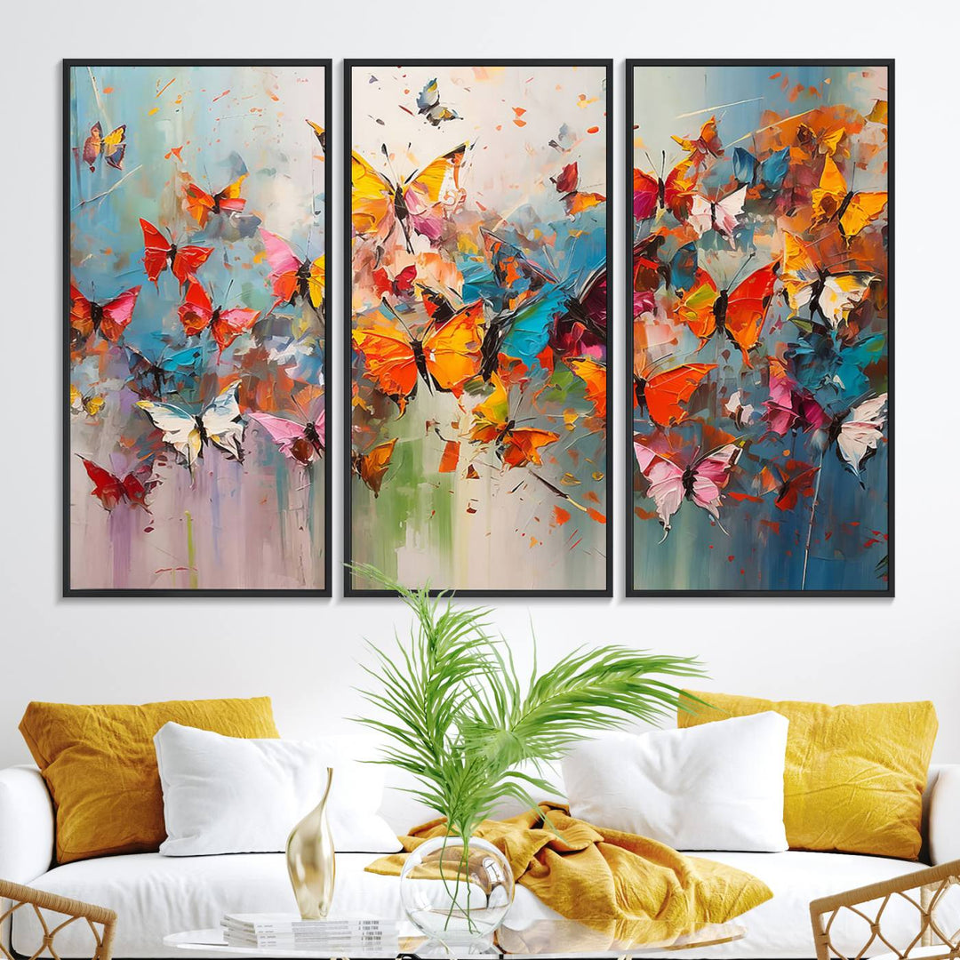 The Abstract Butterfly Wall Art Canvas Print hangs prominently, adding a touch of elegance and creativity to the room.