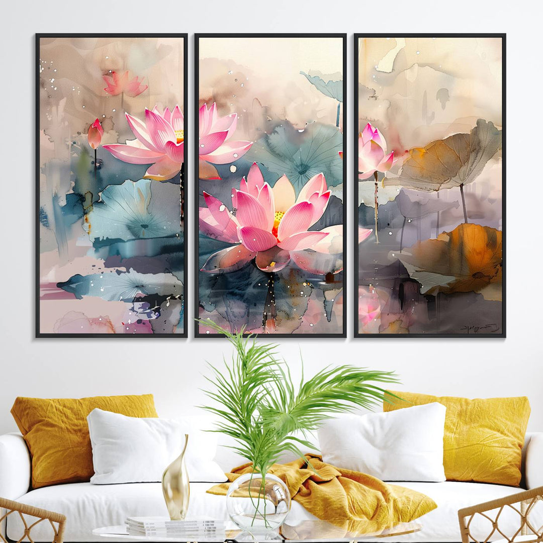 A pink lotus wall art adorns the space.