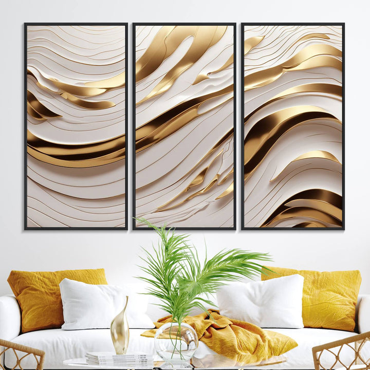 A Gold and White Abstract Wave Canvas with luxurious golden accents.