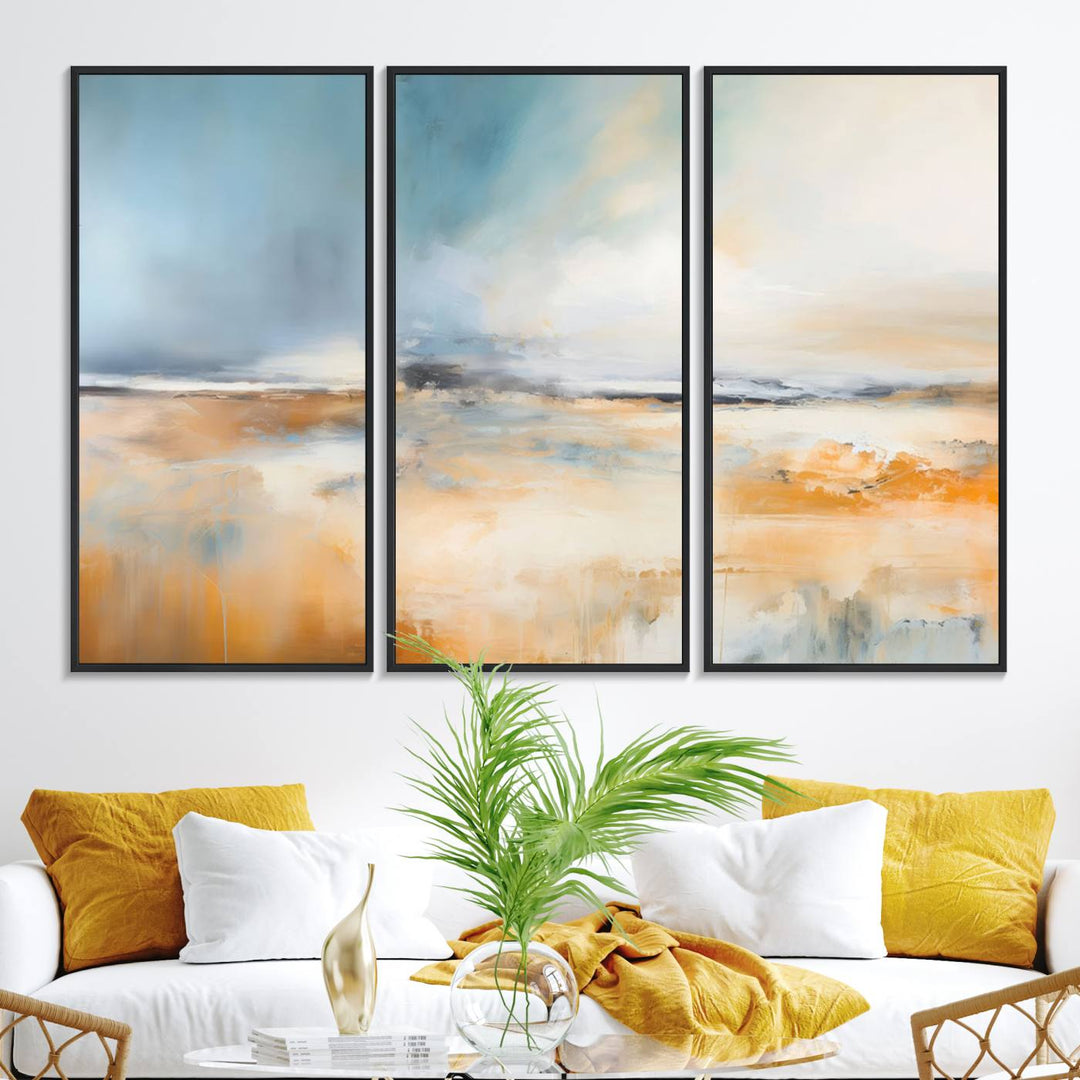 Abstract Landscape Wall Art in warm tones of orange and blue.