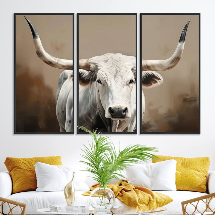 The kitchen features a striking canvas print of a Longhorn Bull.